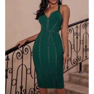 Green Bandage Bodycon Dress XL Sparkle Metallic Strappy Holiday Sexy Wicked Midi